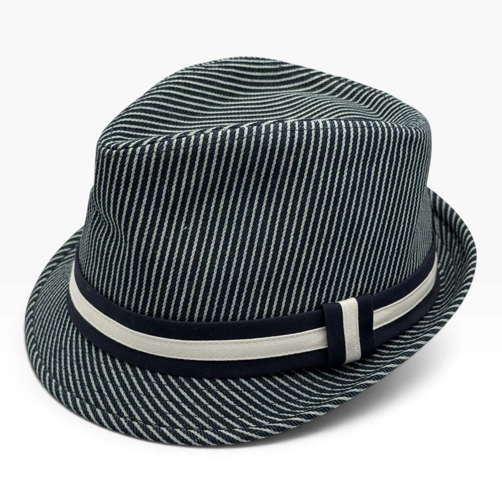 Men's Fedora Trilby Hat L/XL Hickory Stripe Blue White Cotton Denim Look